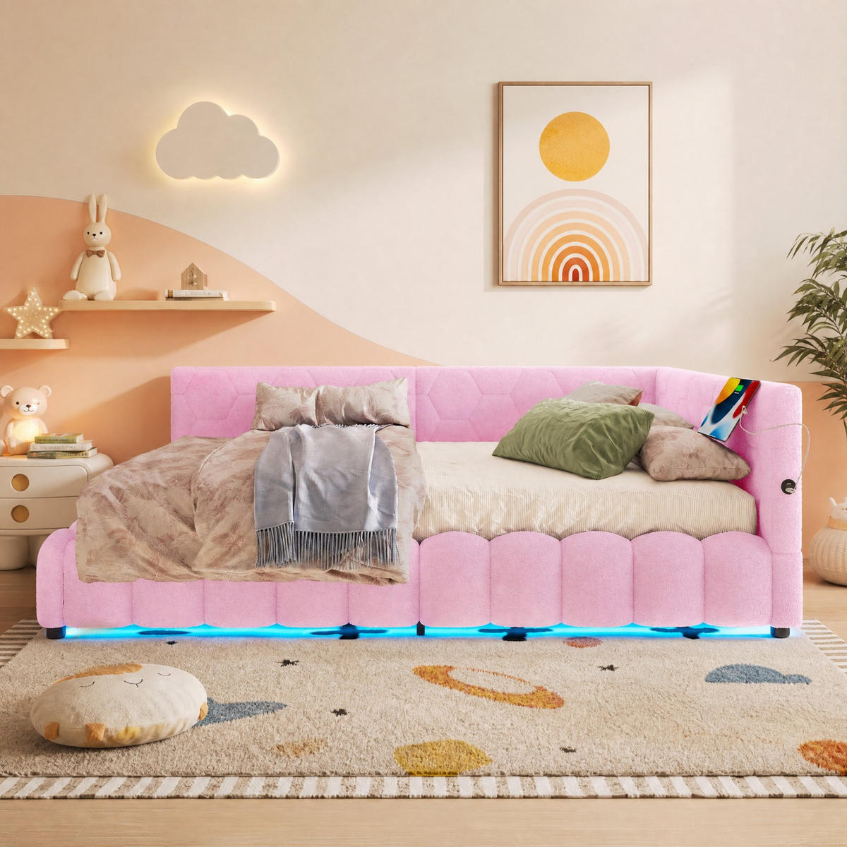 POLSTERBETT 140/200 mit Bettkasten, LED-Lichtleiste, USB und Type-C aus Vliesimitat in Rosa - Rosa, Holzwerkstoff/Textil (140/200cm) - EVRYAE