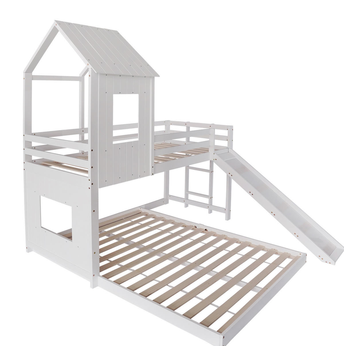 ETAGENBETT aus Kiefer und MDF 90x200/140x200 cm Weiß mit Rutsche, Leiter und Hausbett-Design - Weiß, Holzwerkstoff (90/200cm) - Modfu