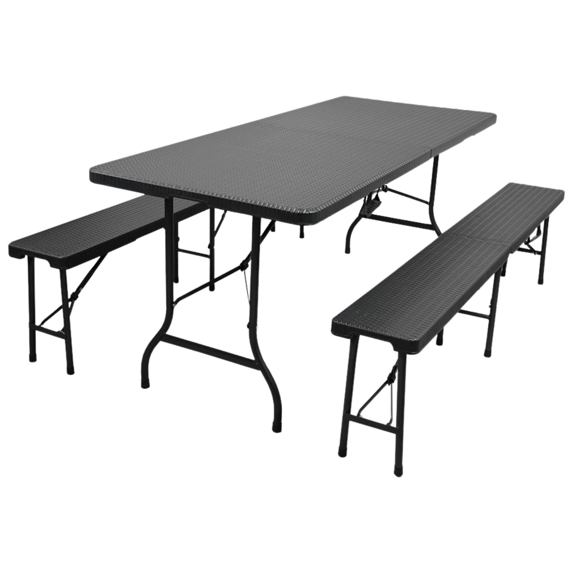 BIERZELTGARNITUR klappbar 180cm 3-teilig 1x Buffettisch 2x Bierbänke Rattan Optik Kunststoff - Schwarz, Kunststoff - CHEFGASTRO