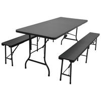 BIERZELTGARNITUR klappbar 180cm 3-teilig 1x Buffettisch 2x Bierbänke Rattan Optik Kunststoff - Schwarz, Kunststoff - CHEFGASTRO