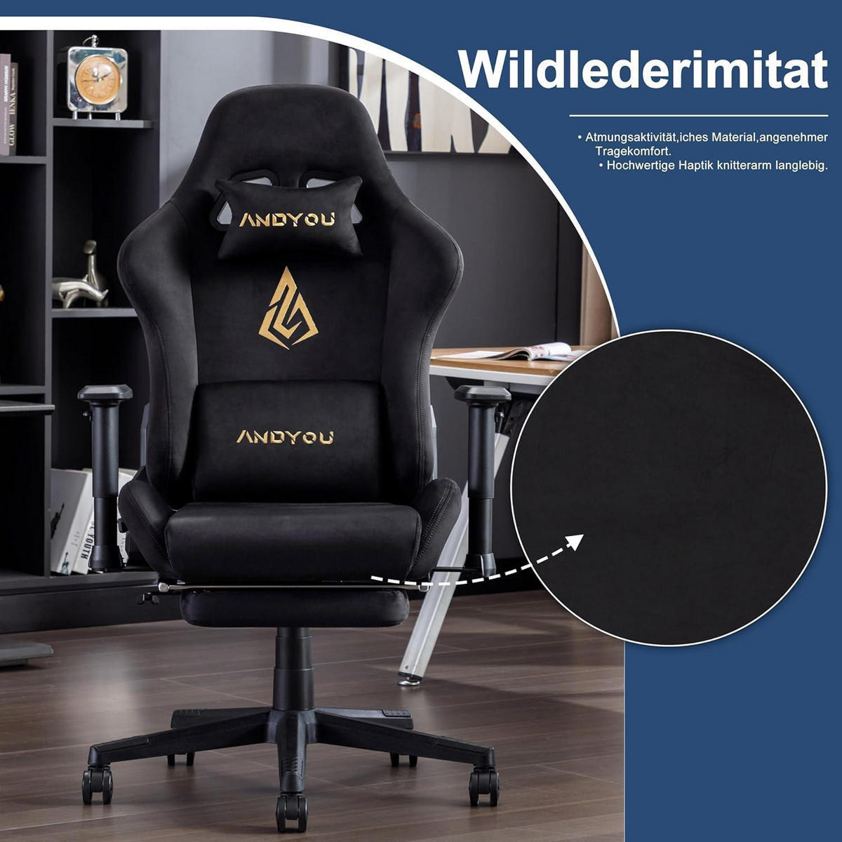 GAMING Stuhl mit Fußstütze und Lendenkissen, schwarz - Schwarz, Kunststoff (59/32/85cm)
