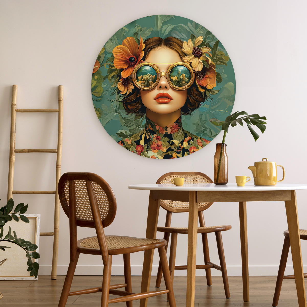 WANDBILD Frau - Blumen - Schmetterlinge - Natur - Vintage 90x90 cm - Petrol, Kunststoff (90/90cm) - MuchoWow
