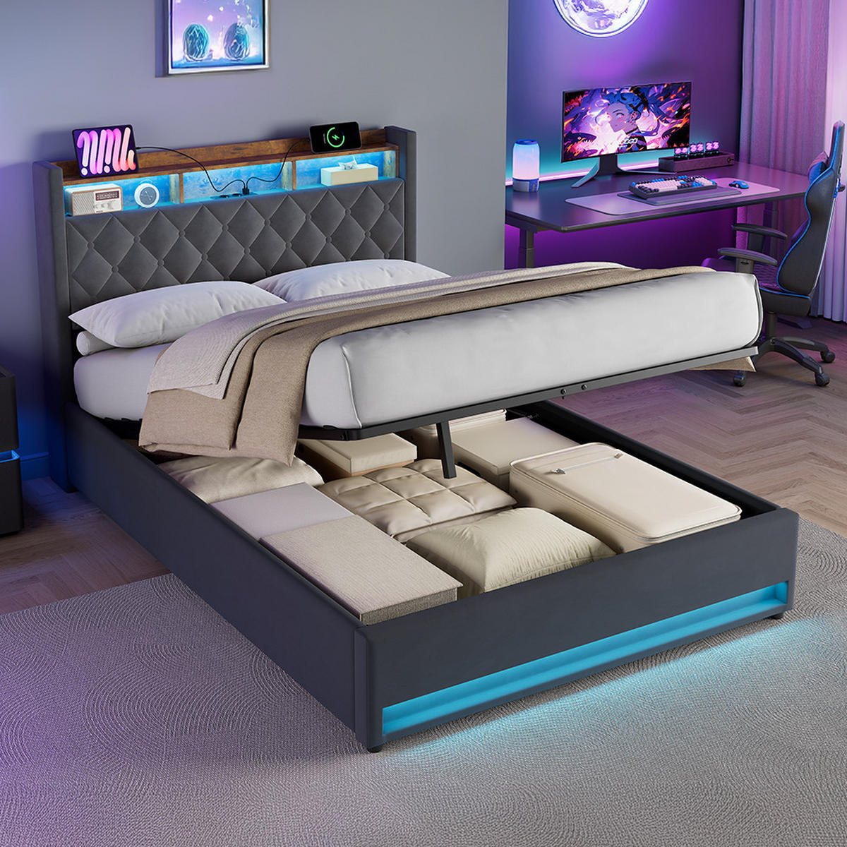POLSTERBETT 140x200cm mit LED-Beleuchtung,mit Matratze,graues Bett - Grau, Holzwerkstoff/Textil (140/200cm) - EVRYAE