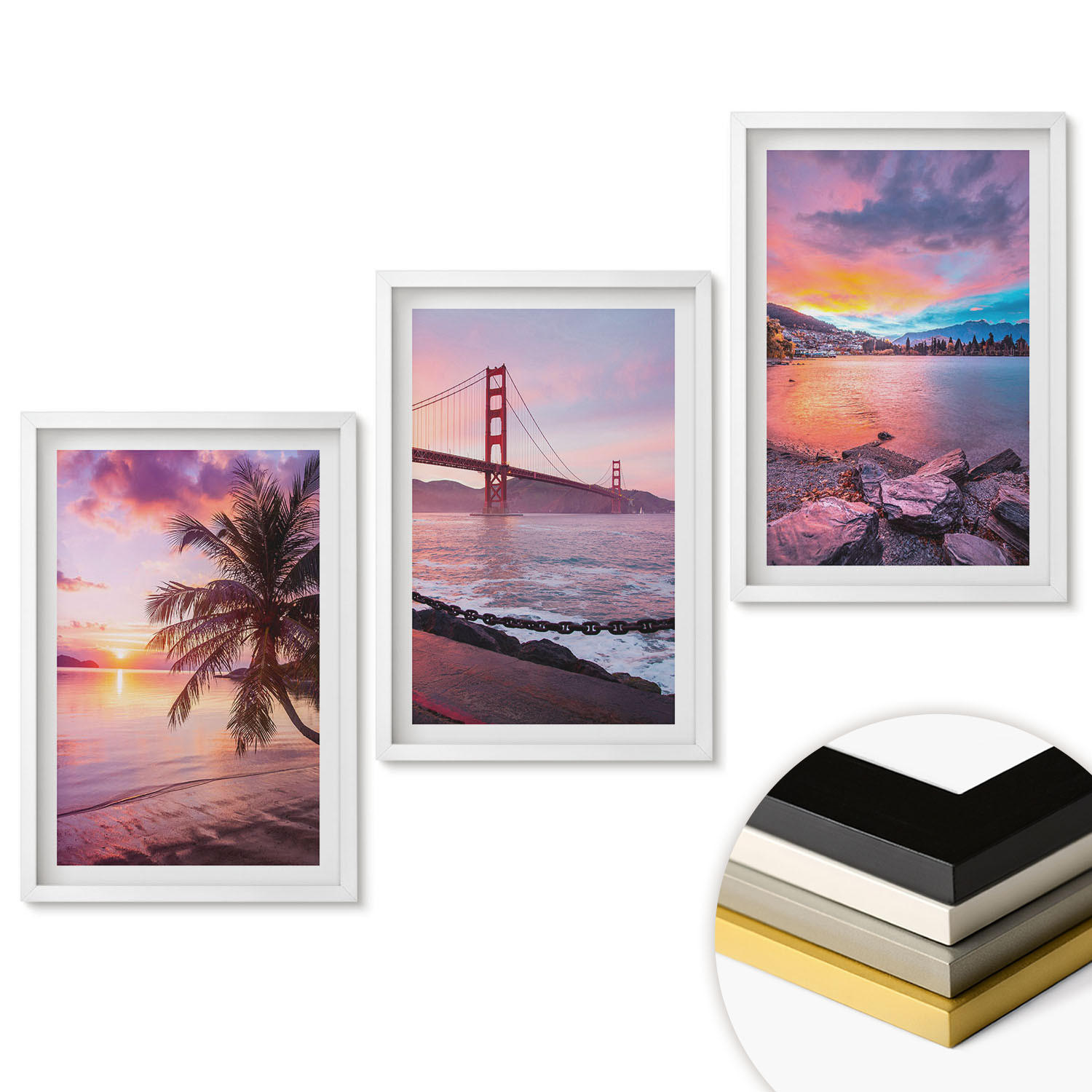 WANDBILDER 3er-Set - 40x60 cm Weißer Rahmen - Sonnenuntergangsbrücke Landschaft - Weiß, Kunststoff (40/60cm) - ArtPrintCave