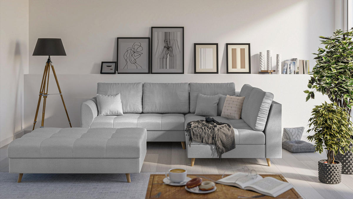 ECKSOFA MIT HOCKER Lorine Mikrofaser Grau - Hellbraun/Grau, Buchenholz/Textil (231/161cm) - S-Style Möbel