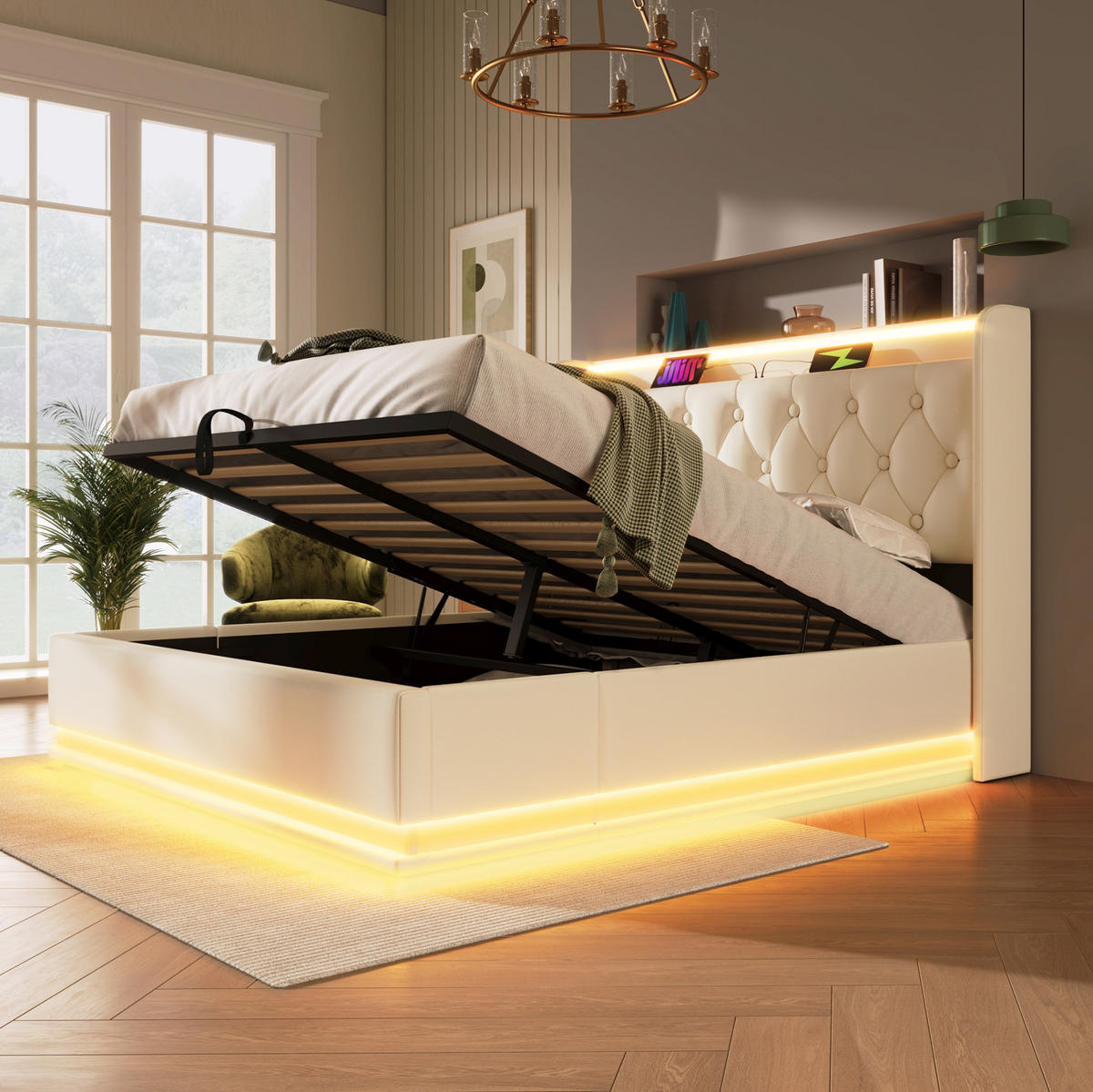 POLSTERBETT mit LED, Stauraum & Matratze 140x200 cm PU Weiß - Weiß, Metall (140/200cm) - Meubliv