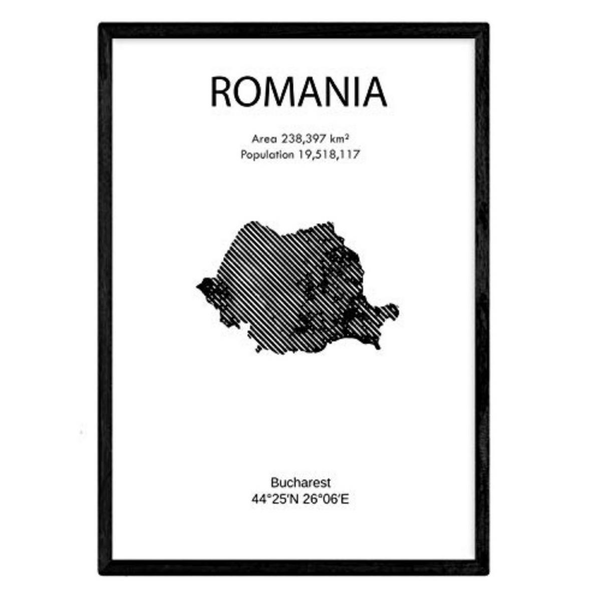 POSTER Länder & Kontinente Rumänien A3 Schwarzer Rahmen - Schwarz, Papier (29.7/5/42cm) - Nacnic