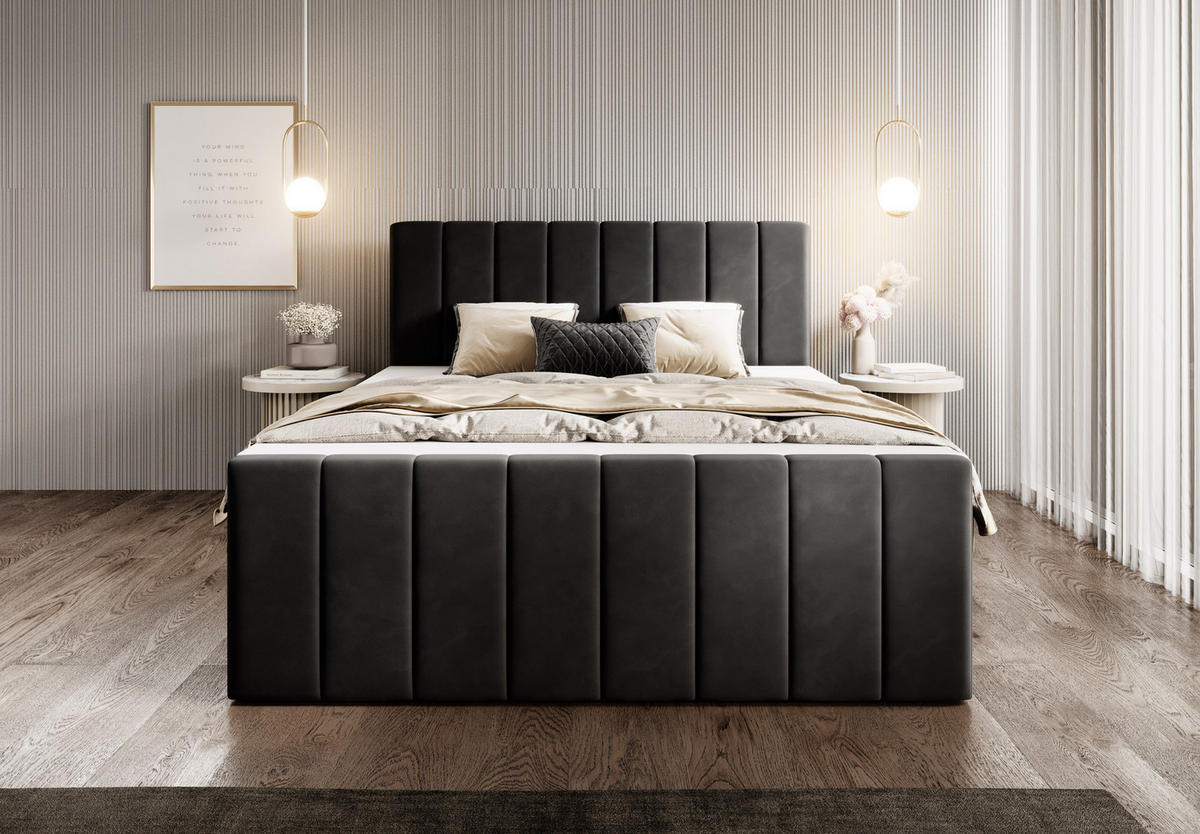 BOXSPRINGBETT Avelio mit Bettkasten, Schwarz Samt 160x200 cm – inkl. H3 Matratze und Topper - Schwarz, Holzwerkstoff/Kunststoff (160/200cm) - WFL GROUP