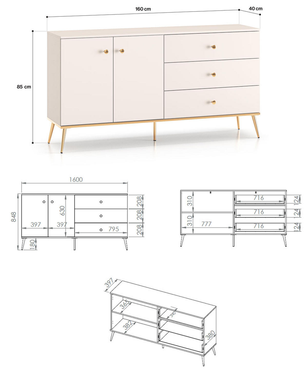 KOMMODE Selgin Kaschmir / Gold 160 / 40 / 85cm - Kaschmir/Goldfarben, Holz/Holzwerkstoff (160/85/40cm) - Feldmann-Wohnen