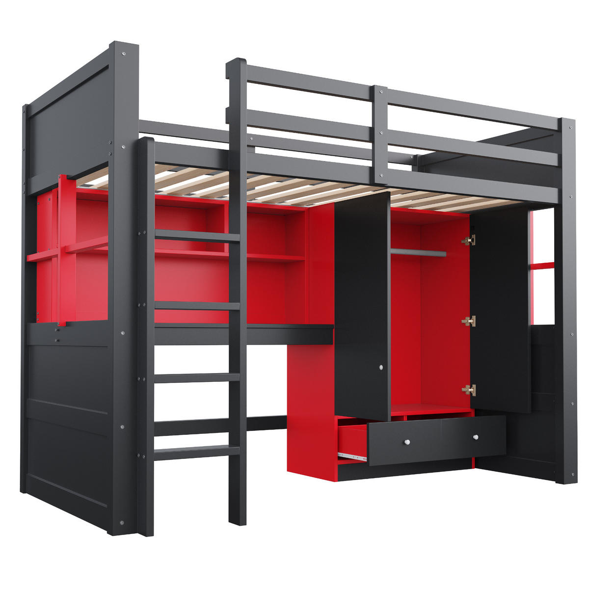 HOCHBETT 90x200cm Gaming Schreibtisch Schrank Stauraum Schwarz - Rot, Holz (90/200cm) - FLIEKS