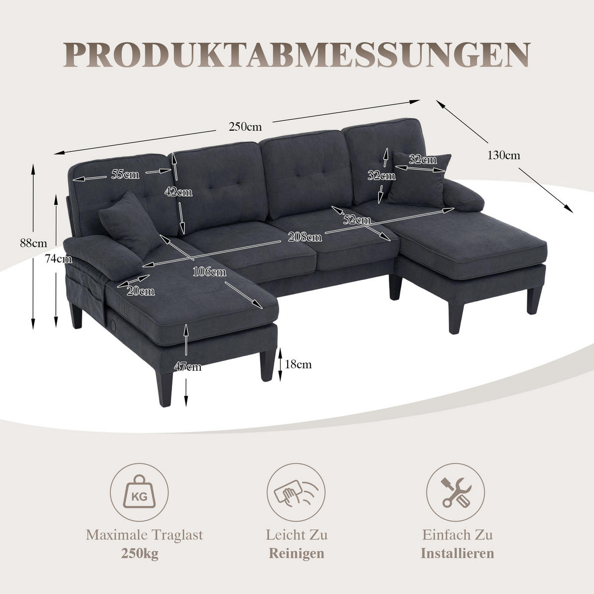 WOHNLANDSCHAFT 250/130/88 cm Dunkelgrau Leinen mit Aufbewahrungsfach und USB/Type-C-Ladeanschluss - Dunkelgrau, Textil (250/88/130cm) - Oxeza