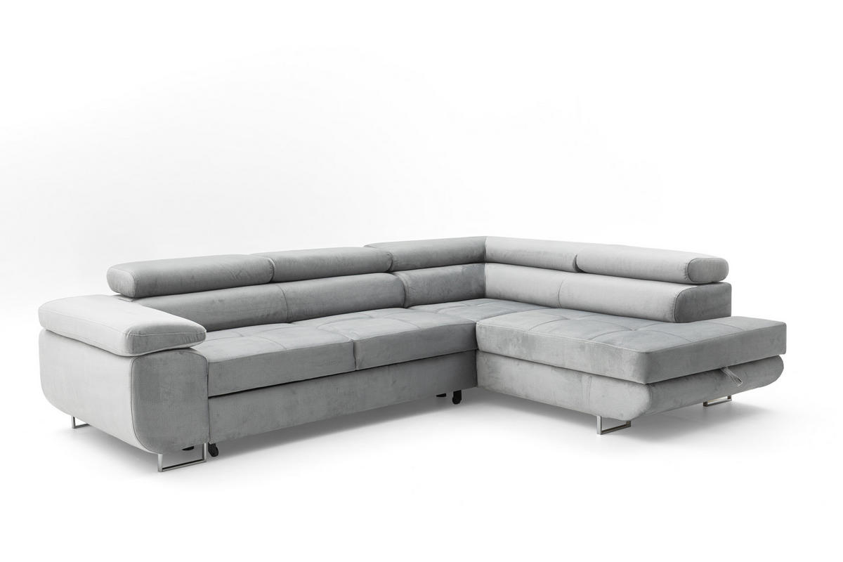 ECKSOFA WILD L Rechts mit Schlaffunktion 127x195 Velours Hellgrau - Chromfarben/Hellgrau, Holz/Textil (274/203cm) - Muffo