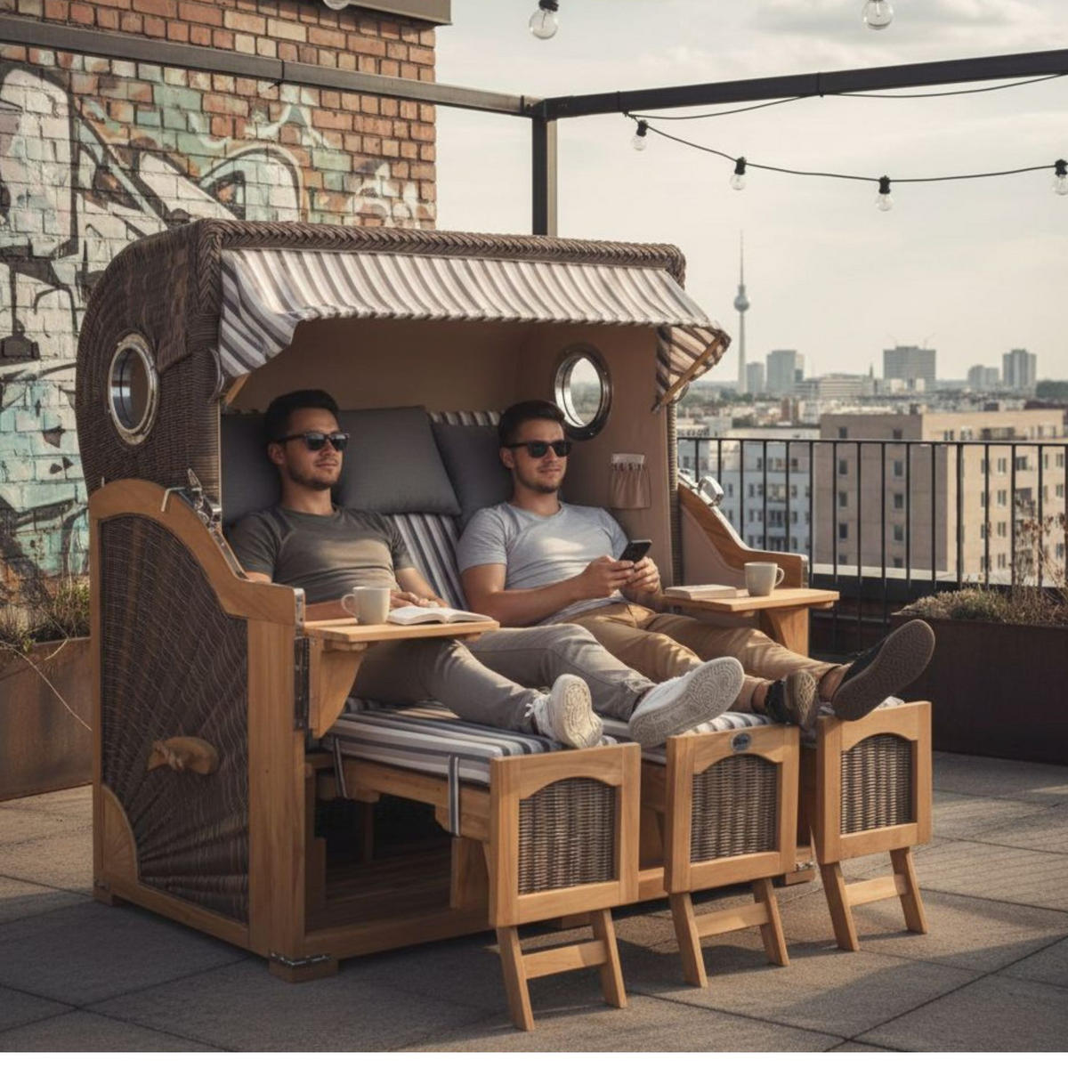 STRANDKORB XXL Düne Grande Teak PE Grey - Braun/Grau, Metall (170/170/95cm) - Mr. Deko