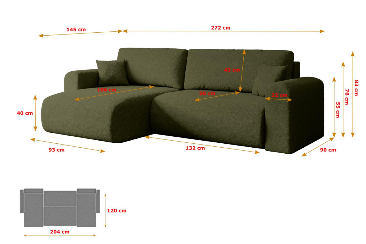 ECKSOFA mit Schlaffunktion und Bettkasten ORRO-L - 272x145x83 cm Grün Bouclé - Schwarz/Grün, Holzwerkstoff/Kunststoff (272/145cm) - ALTDECOR