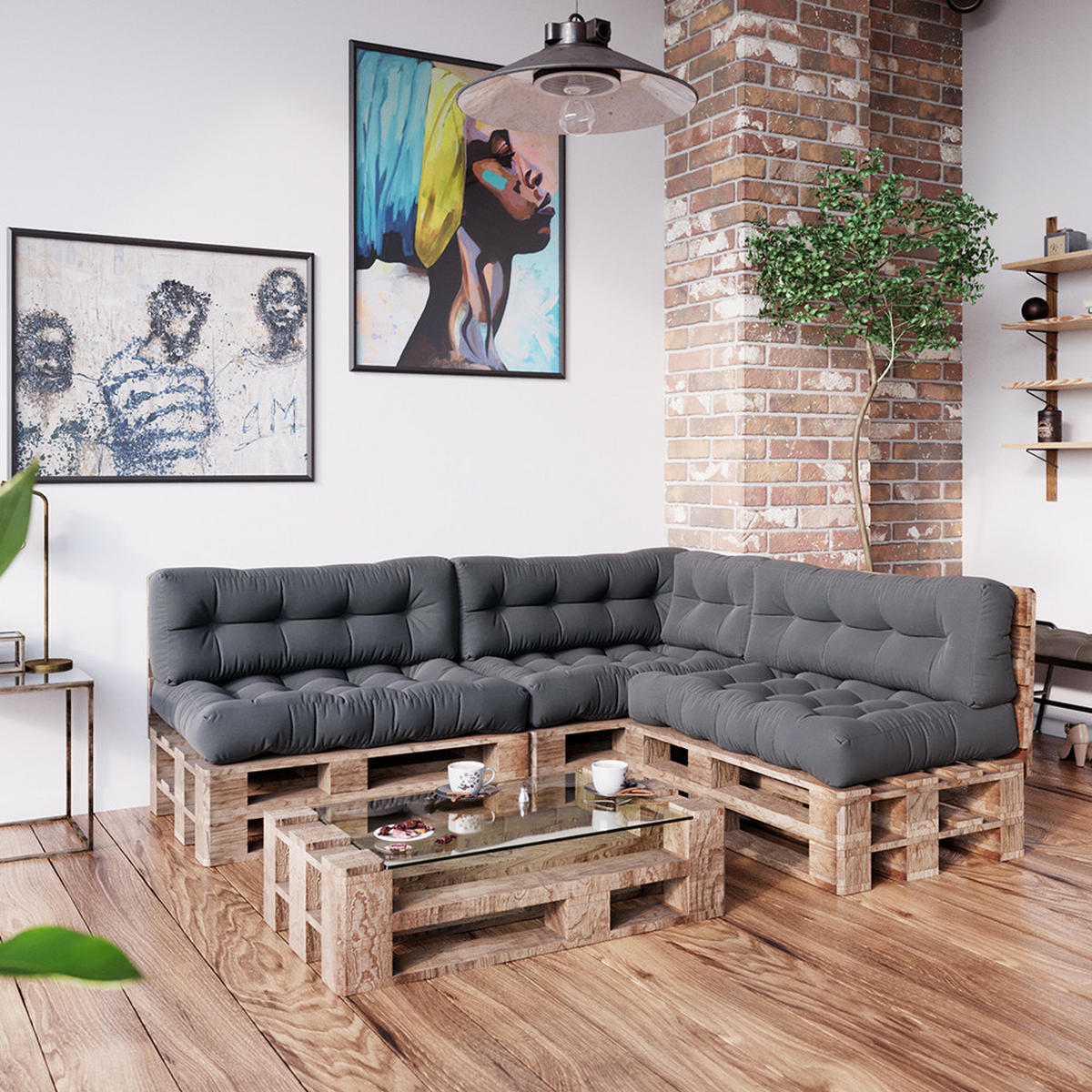 PALETTENKISSEN SET Flocken Anthrazit 7 Teile - Anthrazit, Textil (120/15/80cm) - Vicco