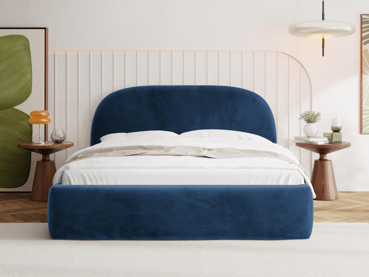 POLSTERBETT Puro mit Bettkasten, Dunkelblau Samt 140 x 200 cm – mit Metall-Lattenrost - Blau/Birkefarben, Kunststoff/Textil (140/200cm) - WFL GROUP