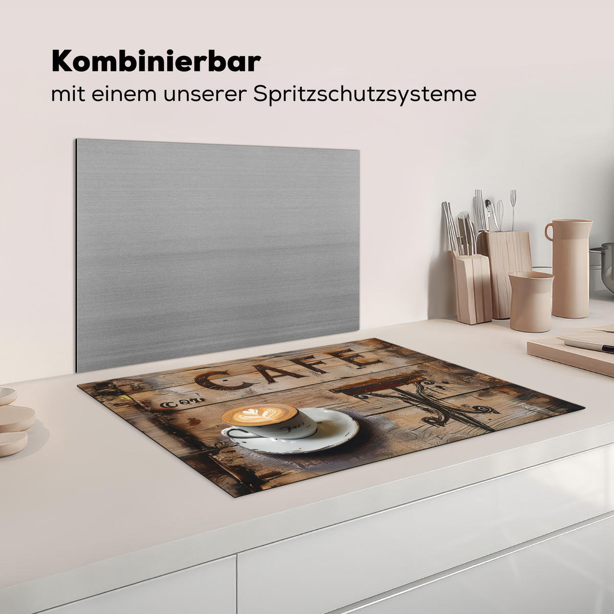 HERDABDECKPLATTE Cafe - Holz - Kaffee - Regale Herdabdeckung Induktionsfeld 75x52 cm - Schwarz, Kunststoff (75/52/0.2cm) - MuchoWow