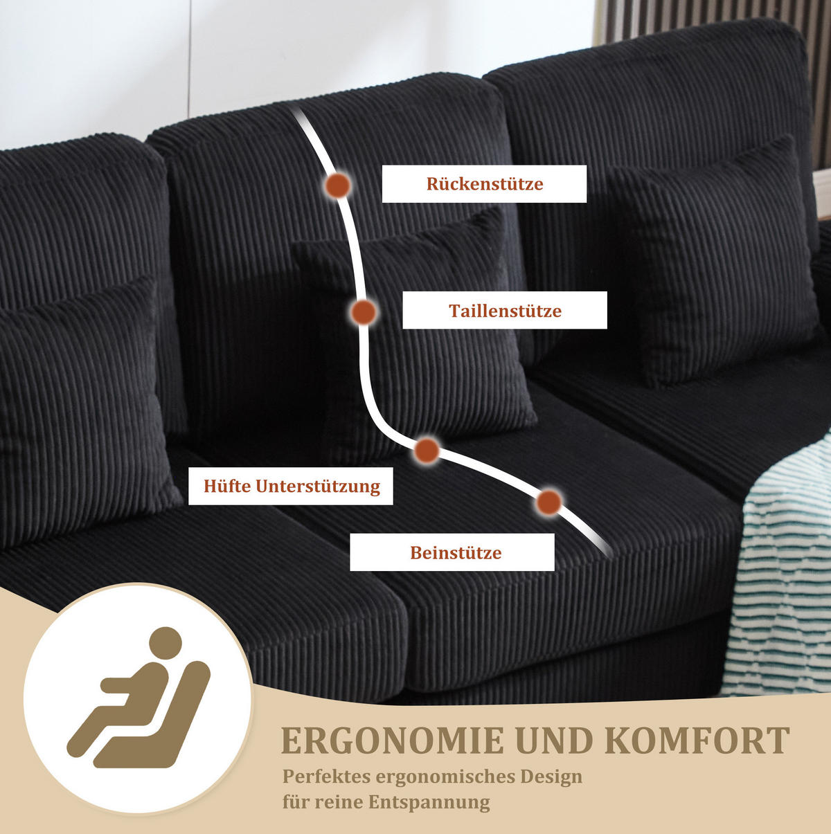 U-SOFA Wohnlandschaft Samt mit LED-Beleuchtung und USB-Anschluss 265/135/88 cm Schwarz - Schwarz, Textil (135/88/265cm) - Redom