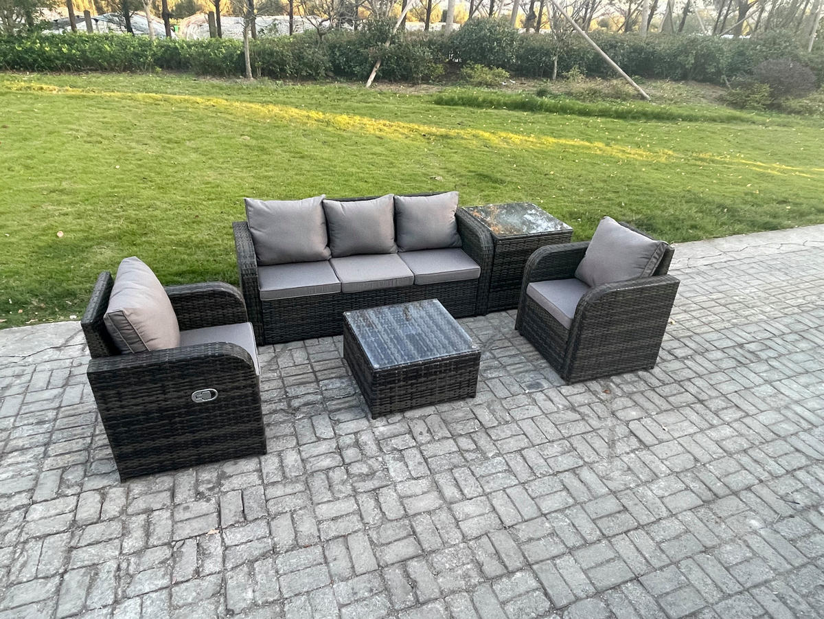 GARTENMÖBELGARNITUR mit KISSEN Polyrattan Dunkelgrau 5-Sitzer - Dunkelgrau/Grau, Glas/Kunststoff - Fimous