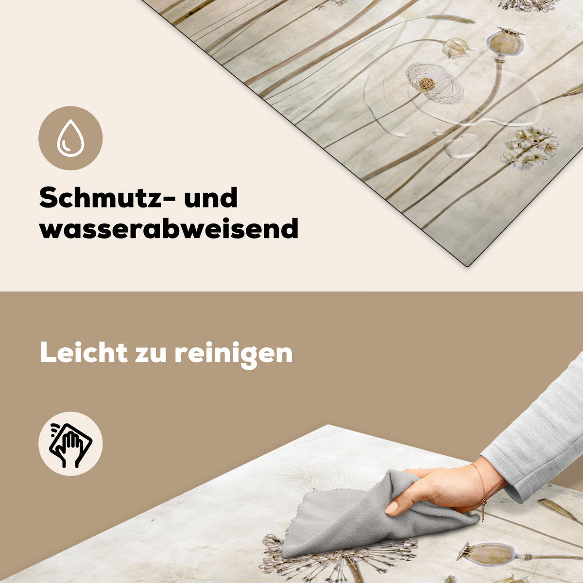 HERDABDECKPLATTE Blumen - Aquarell - Stilleben - Braun - Vintage Induktionsmatte 78x78 cm - Sandfarben, Kunststoff (78/78/0.2cm) - MuchoWow