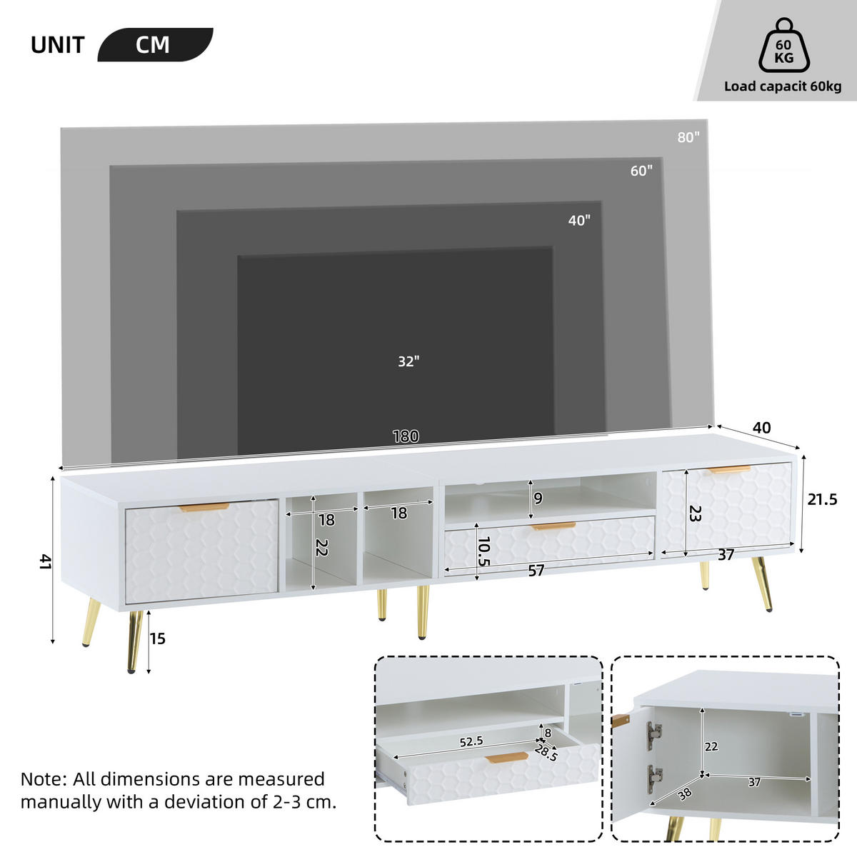 TV-SCHRANK in Weiß mit Wabenfront und goldenen Akzenten 180/40/41 cm - Weiß, Holzwerkstoff (180/40/41cm) - Redom