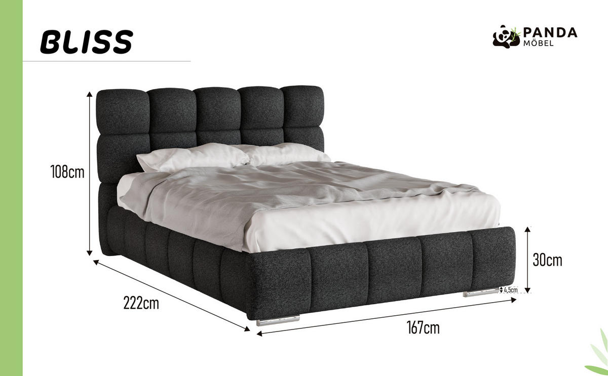 POLSTERBETT Bliss 140 x 200 cm mit Bettkasten und Lattenrost 7zonen Multipocketmatratze CIRA (24cm) - schwarz - Schwarz, Holz (140/200cm) - Panda Möbel