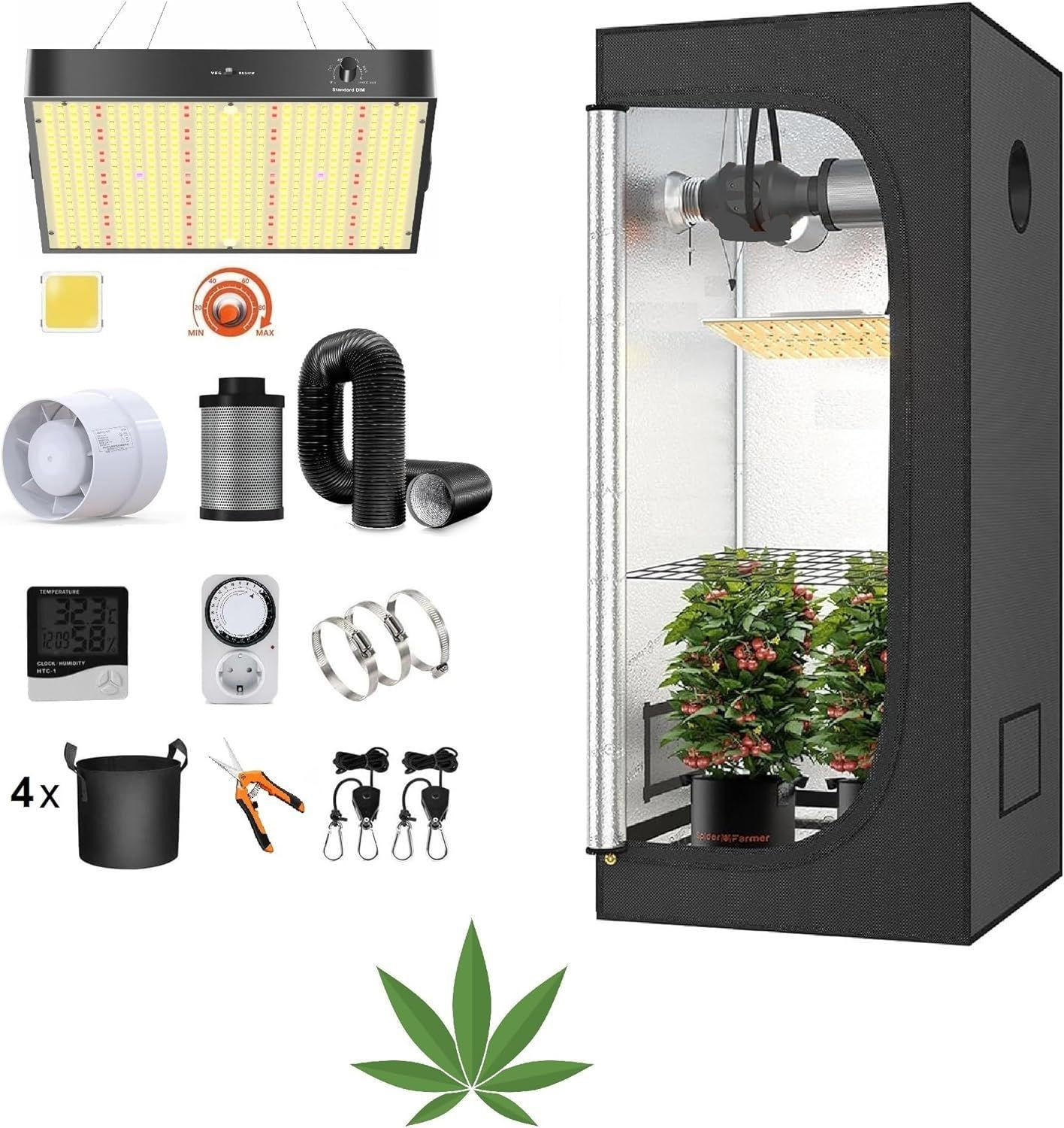 GROWBOX SET Schwarz 80x80x180 cm, LED Pflanzenzucht, Komplettset, Indoor Growbox, Pflanzenbeleuchtung, Gewächshaus, Hydroponik, Anzuchtset - Schwarz, Kunststoff (80/180/80cm) - JUNG