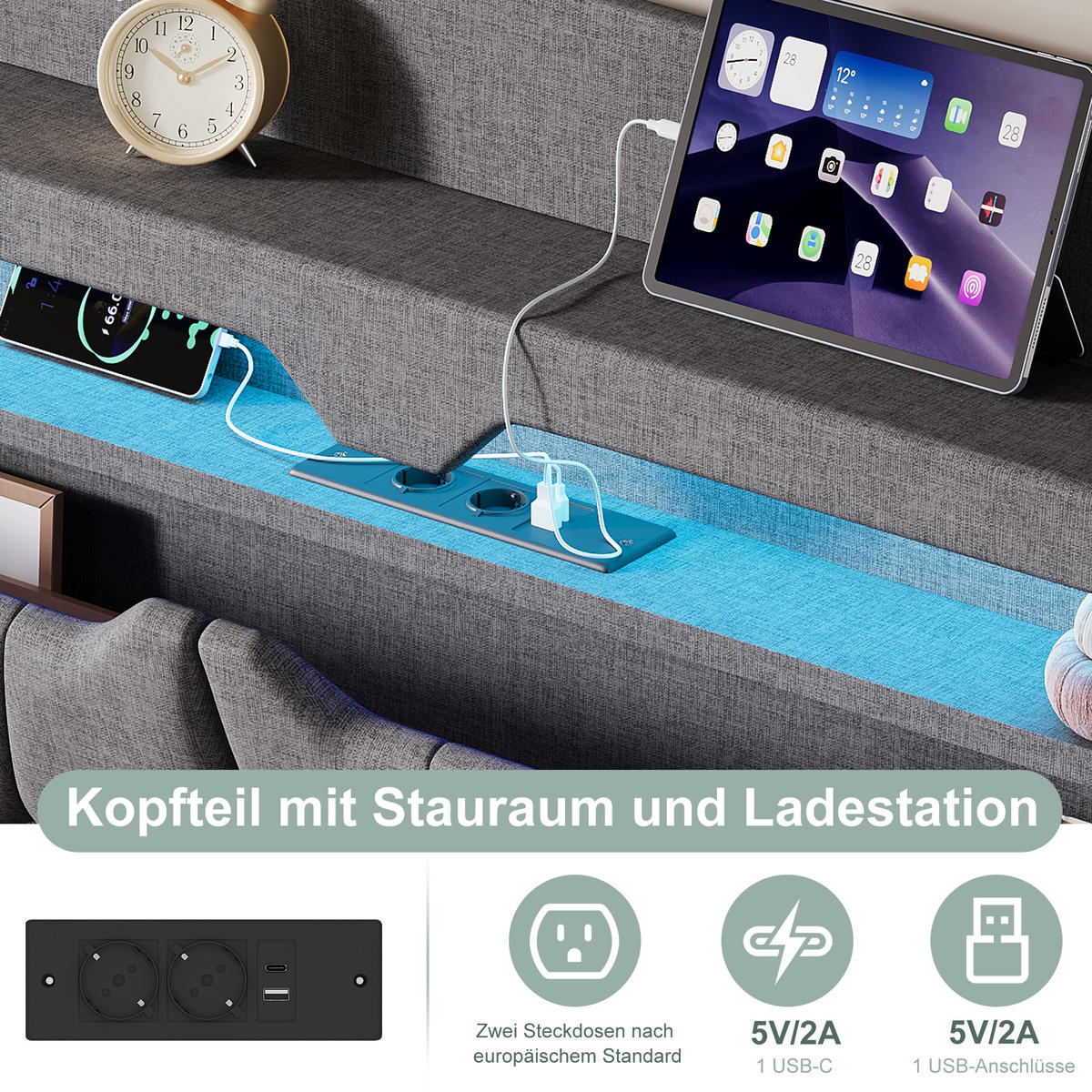 POLSTERBETT 140/200 cm mit Stauraum & LED‑Beleuchtung, gepolstertes Kopfteil mit USB‑Ladestation, graues Stoffbett mit Bettkasten für Schlafzimmer - Anthrazit, Holz/Metall (140/200cm) - Joyfair