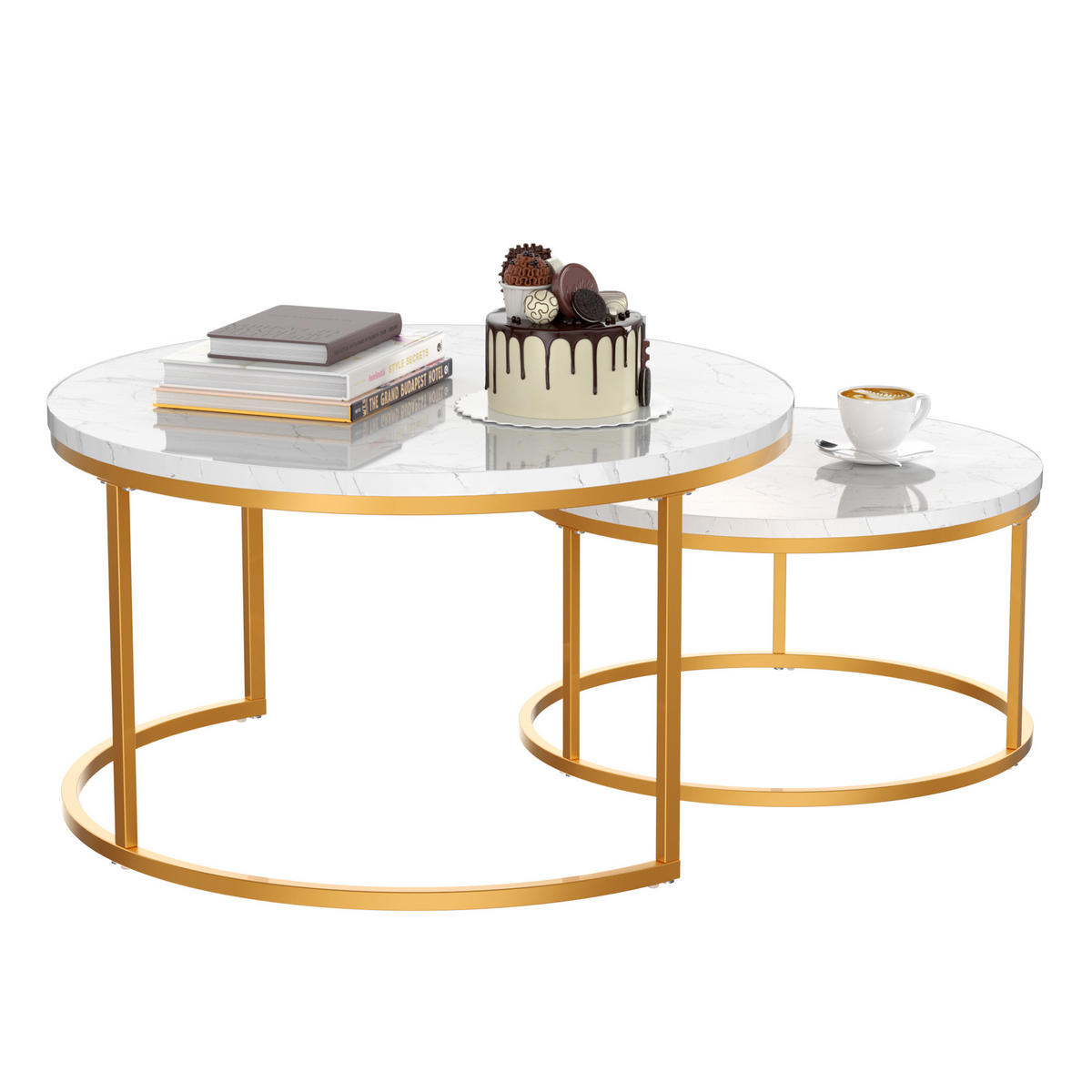 COUCHTISCH 2-teilig mit stabilem Eisenrahmen & leicht zu reinigende MDF-Tischplatte - Weiß, Holzwerkstoff (80/80/45cm) - OKWISH