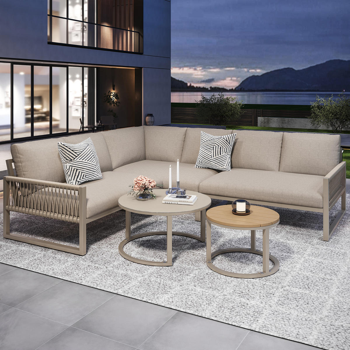 LOUNGESET 6-7 Personen Beige Eck Mit Verstellbaren Füßen - Beige, Metall - FLIEKS
