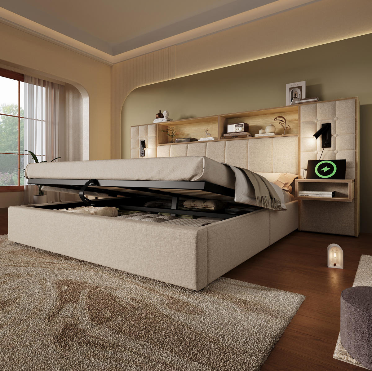 BETT mit Stauraum 160x200 cm Leinen Beige mit Nachttischen - Beige, Metall (160/200cm) - Meubliv