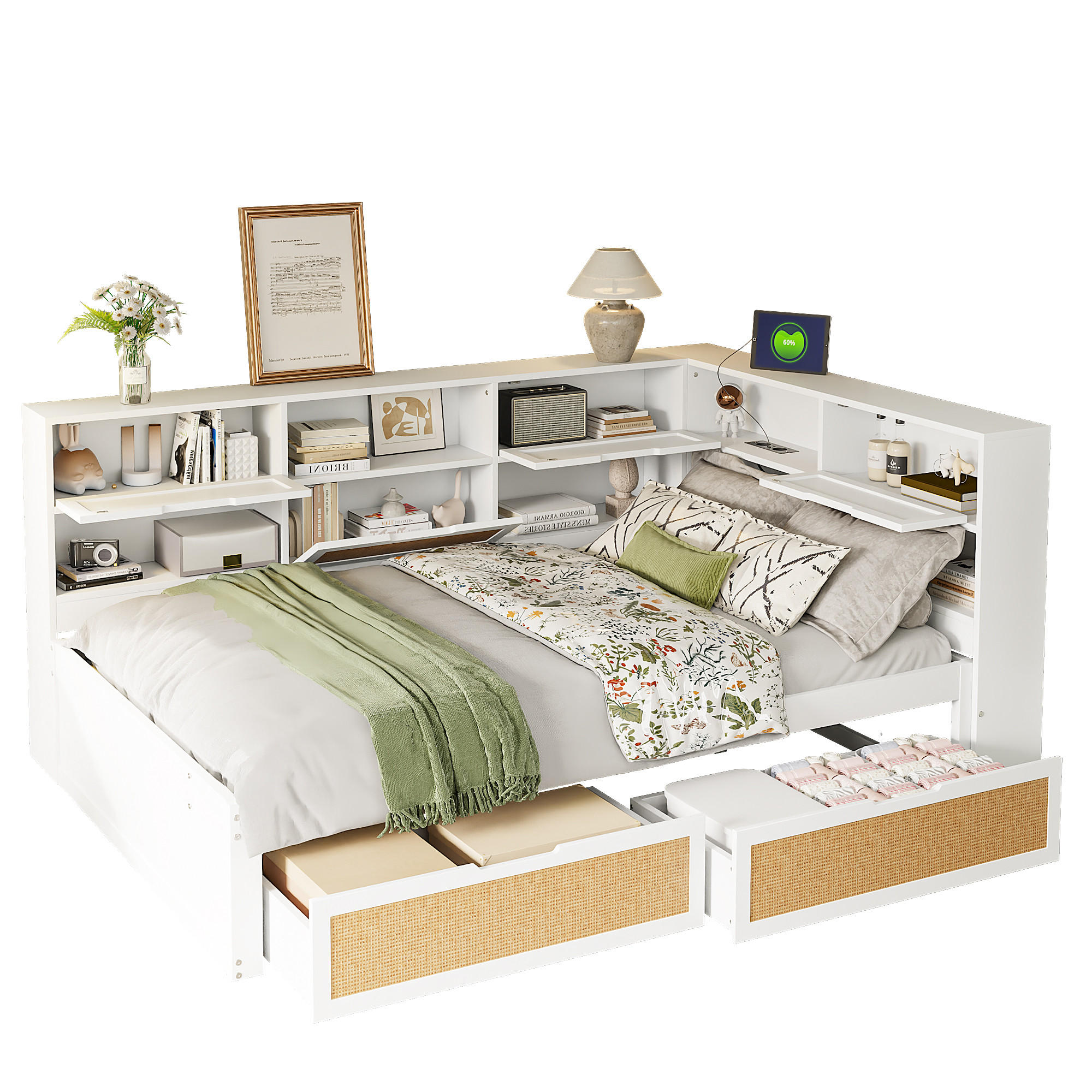 MULTIFUNKTIONSBETT 140/200 cm weiß aus MDF mit Stauraum und USB-Anschlüssen - Weiß, Holzwerkstoff (140/200cm) - OKWISH