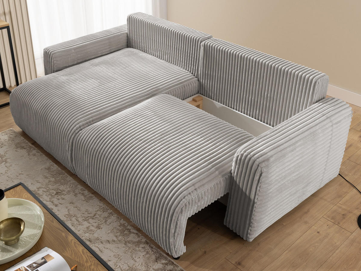 ECKSOFA Calma mit Schlaffunktion und Bettkasten im Bumpy-Design aus weichem Taupe Plüschcord - Ottomane links - Taupe/Schwarz, Holz/Kunststoff (239/140cm) - S-Style