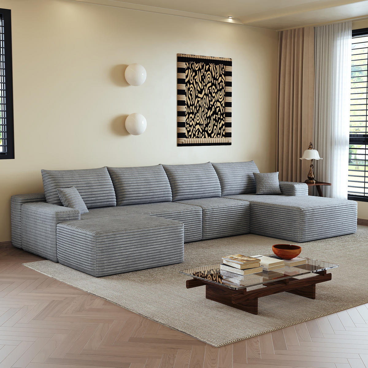 WOHNLANDSCHAFT 340/175/83 cm in Grau aus Cordstoff, modular und komfortabel - Grau, Textil (175/83/340cm) - Flora Grace