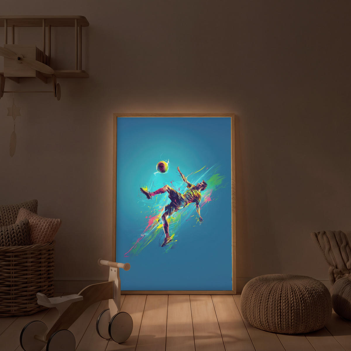 NACHTTISCHLAMPE MIT AKKU Fußballer - Farbspritzer - Farbenfroh - Ball 70x100 cm - Blau, Holzwerkstoff (8/70/100cm) - OnlyWow