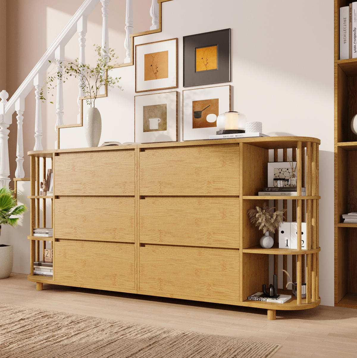 KOMMODEN-SIDEBOARD 160/40/75 cm mit 6 Schubladen & offenen Fächern in Eiche - Naturfarben, Holzwerkstoff (160/75/40cm) - BEAOK