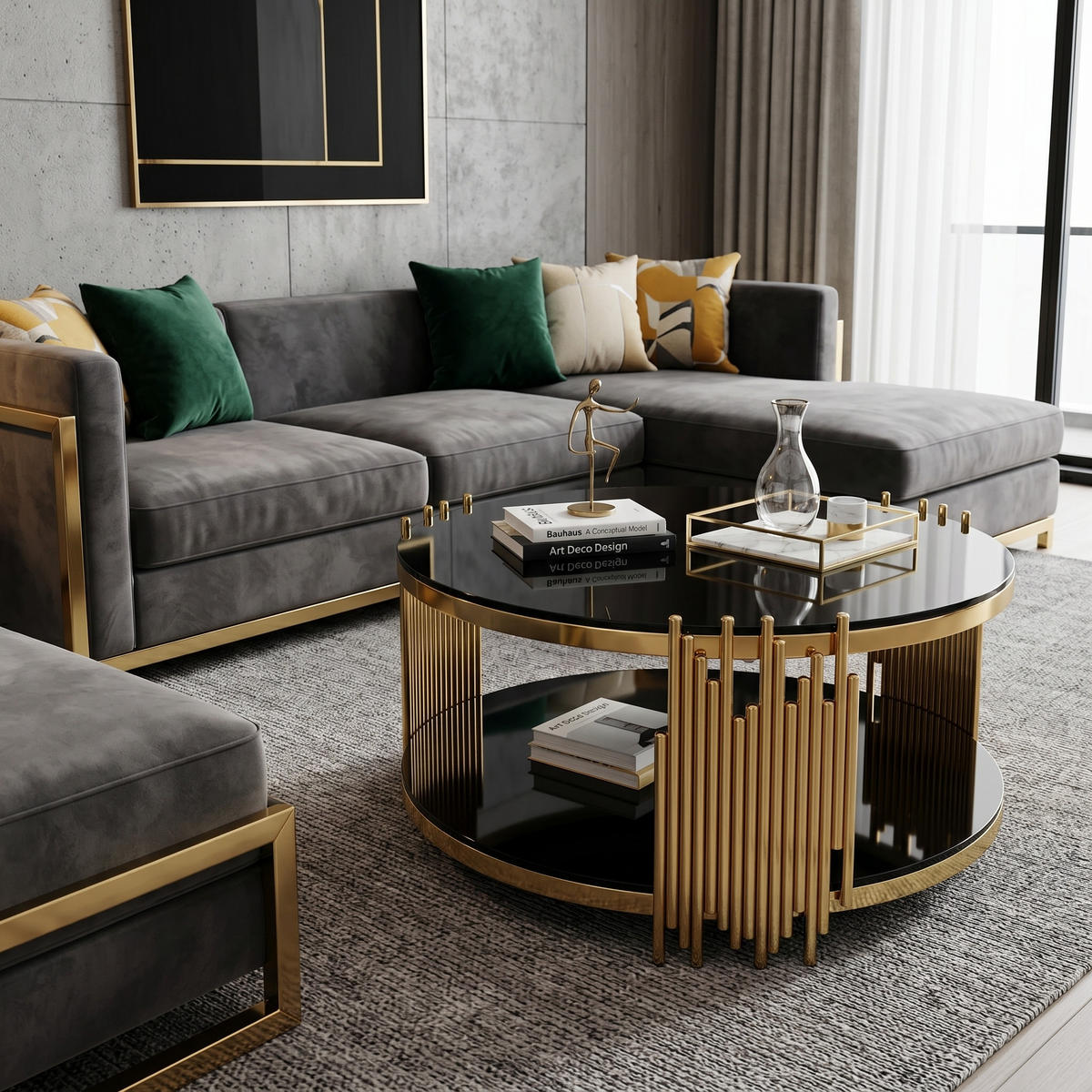 COUCHTISCH rund in Schwarz und Gold, Ø 80 cm, Doppelglas und Edelstahlgestell - Goldfarben, Metall (80/80/45cm) - Urban Meuble