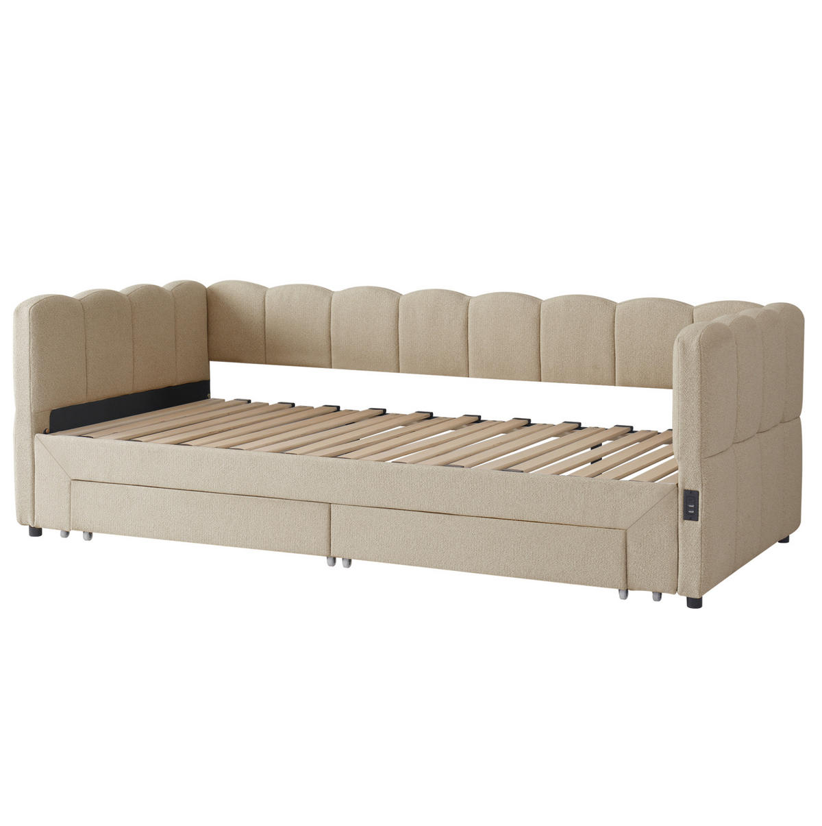 TAGESBETT 90/190 cm mit Ausziehfunktion auf 180/190 cm, 2 Schubladen, USB- und Typ-C-Anschluss, Chenille, Beige - Beige, Textil (90/190cm) - Redom