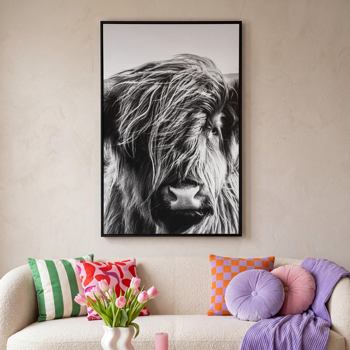 LEINWAND Bilder mit Rahmen - Kuh - Schottischer Hochländer - Schwarz - Weiß - Tier - Natur - Wildtiere - 100x150 - Schwarz, Textil (100/150cm) - MuchoWow