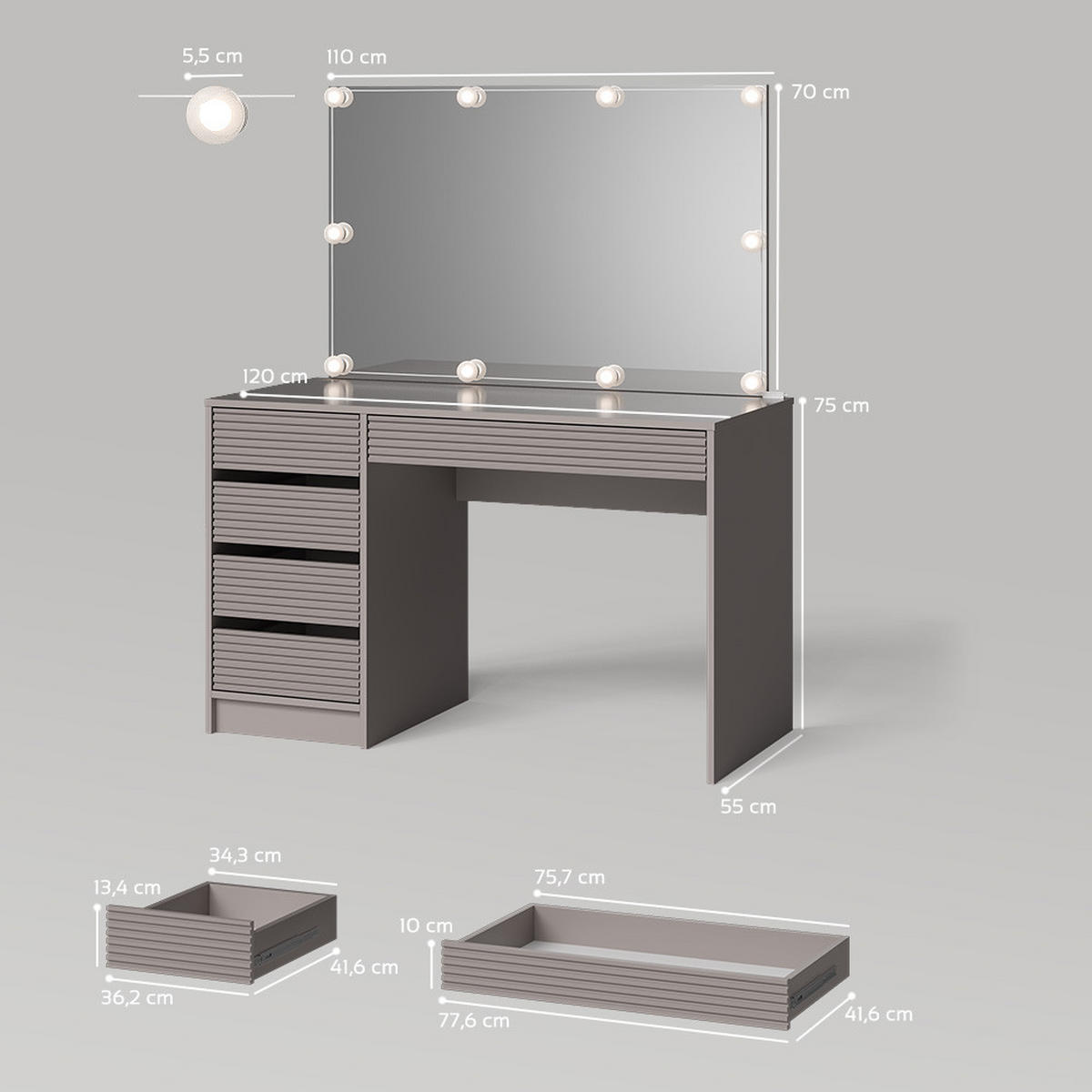 SCHMINKTISCH Imola Cashmere 120 cm mit LED Beleuchtung - Kaschmir, Holzwerkstoff (120/75/55cm) - Livinity®
