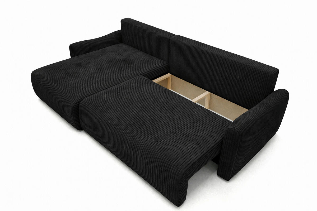 ECKSOFA Mit Schlaffunktion, Cordstoff Poso, Schwarz, Links, JAPANDI - Schwarz, Holz (262/145cm) - Kaiser Möbel
