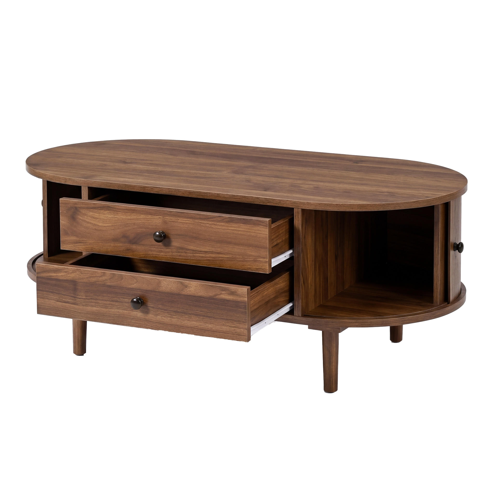 COUCHTISCH in Holzoptik Ovaler Wohnzimmertisch mit Schiebetüren und 2 Schubladen, 100 B / 50 T / 40 H(cm) - Dunkelbraun, Holzwerkstoff (50/100/40cm) - STILVORA