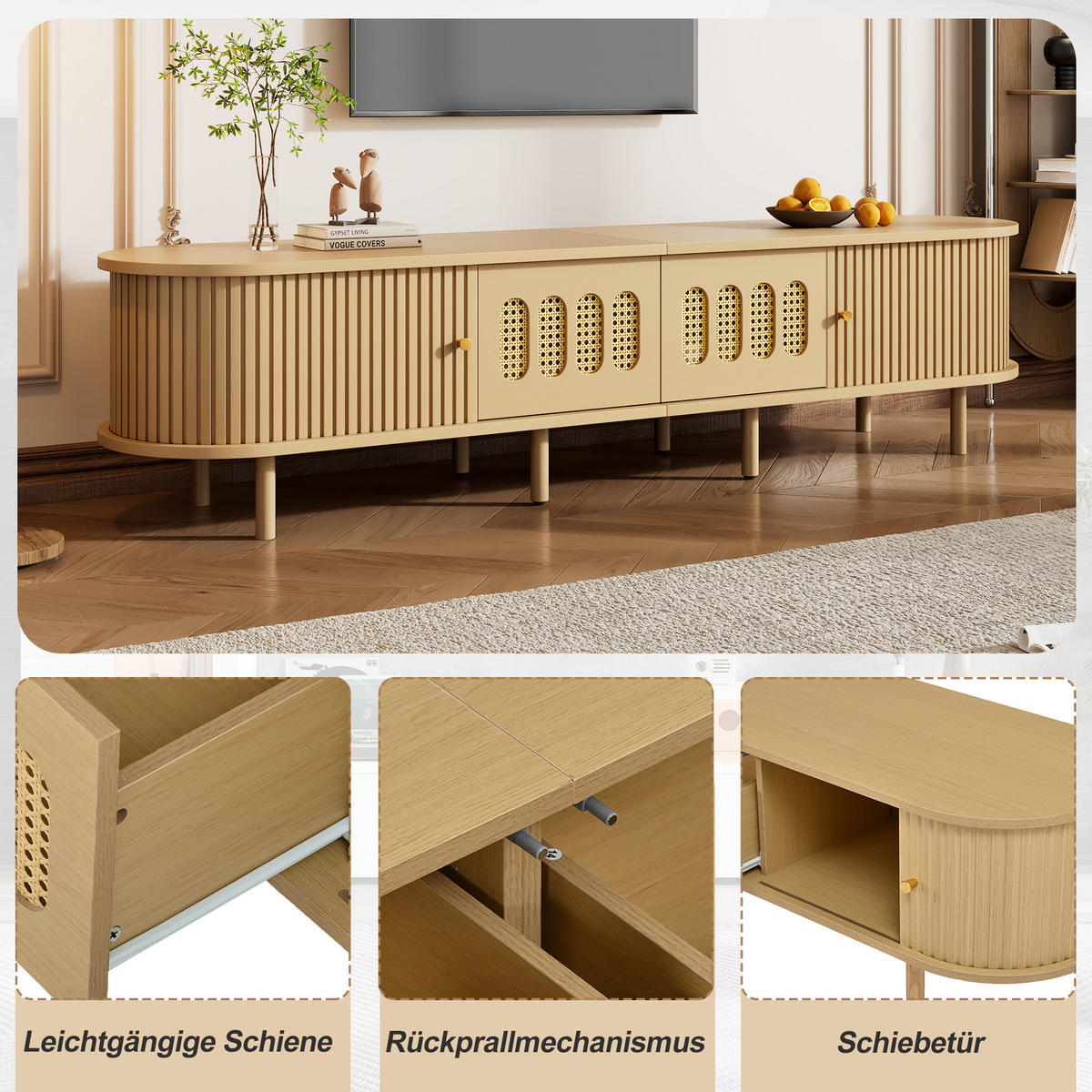 TV-SCHRANK 180/40/40 cm Helles Holz mit Rattan, 2 Türen und 2 Rolltüren - Naturfarben, Holzwerkstoff (180/40/40cm) - Oxeza