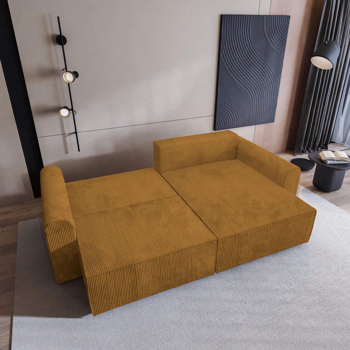 ECKSOFA FIANO P Gelb Kordstoff mit Schlaffunktion - Gelb, Holz (245/148cm) - MASSENO