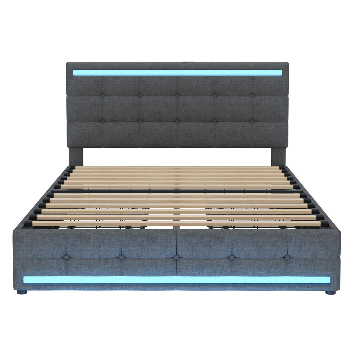 POLSTERBETT 140/200 cm grau mit LED-Beleuchtung und 4 Schubladen - Grau, Textil (140/200cm) - OKWISH