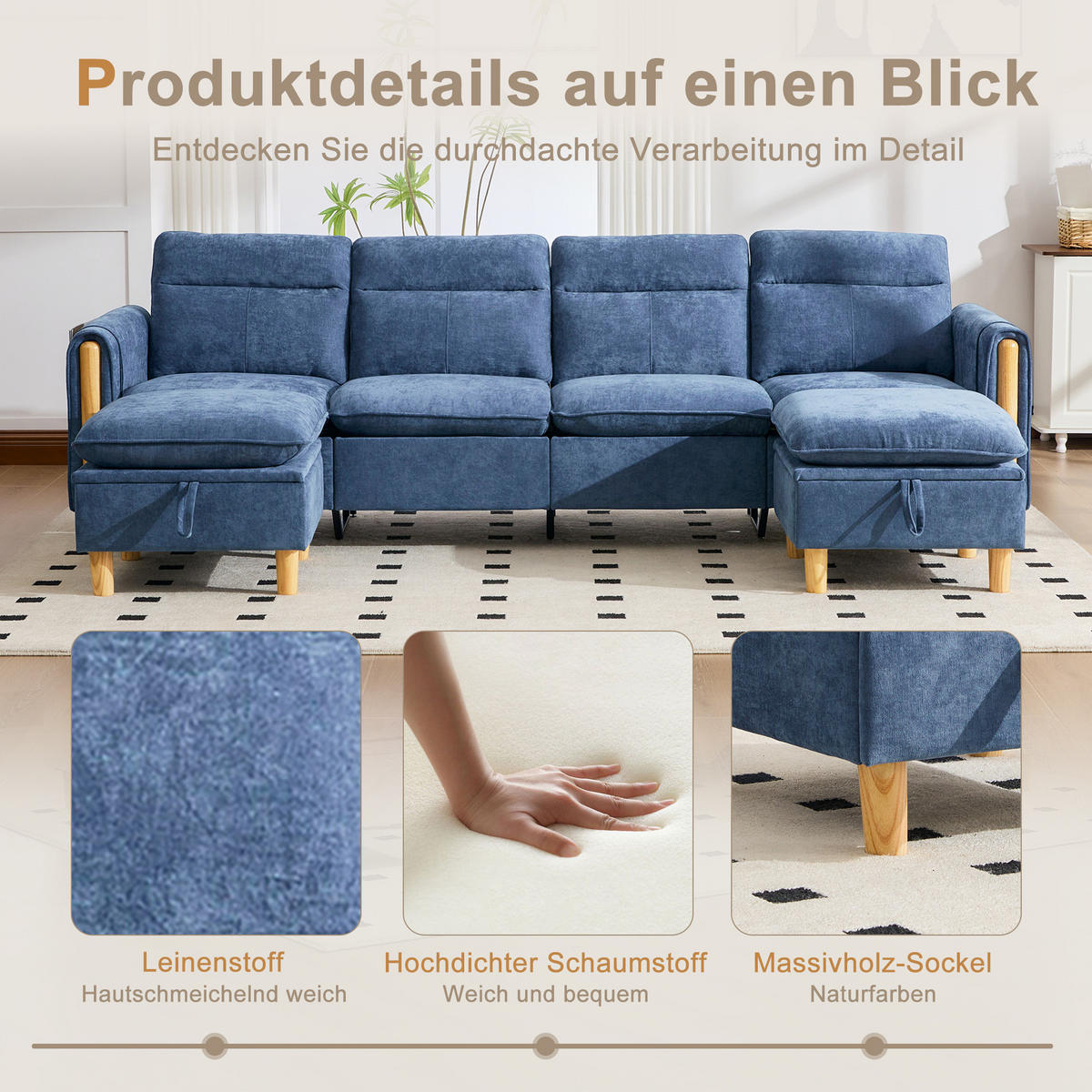 SOFA 261/77/86 cm in Blau aus Chenille, modular mit 2 Hockern und Stauraum - Blau, Textil (77/86/261cm) - Flora Grace