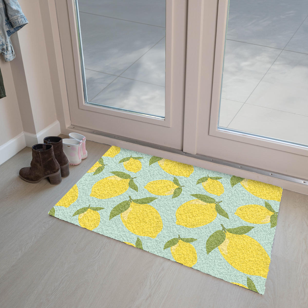 FUSSMATTE Muster Zitronen - Gelb - Blau - Muster - Früchte 90x60 cm - Gelb, Kunststoff (90/0.4cm) - MuchoWow