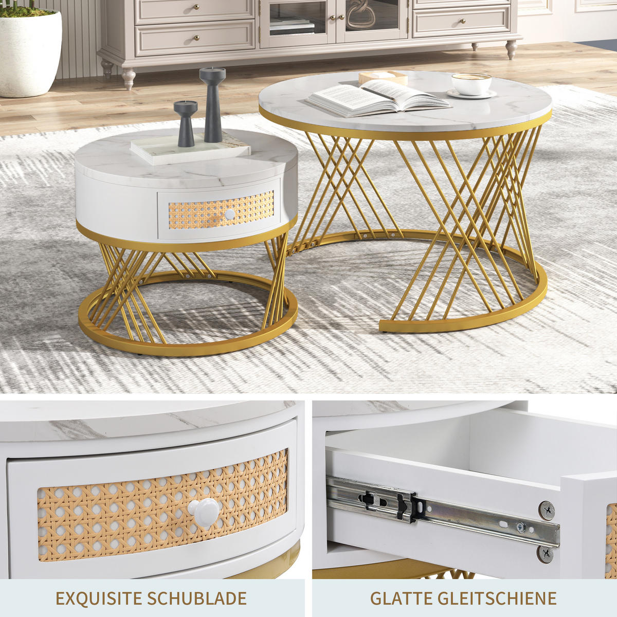 COUCHTISCH-SET in Weiß und Gold mit Schubladen und Marmoroptik für Wohnzimmer, B70/T70/H45,5 cm - Goldfarben/Weiß, Holzwerkstoff/Metall (70/70/45.5cm) - STILVORA