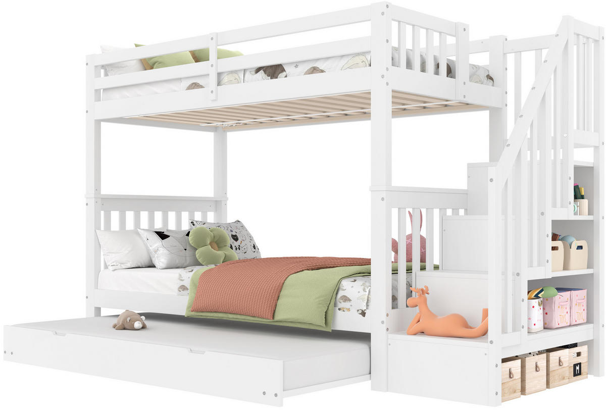 ETAGENBETT 90x200cm Weiß mit Ausziehbett EN747-1 Treppenregal - Weiß, Holz (90/200cm) - FLIEKS