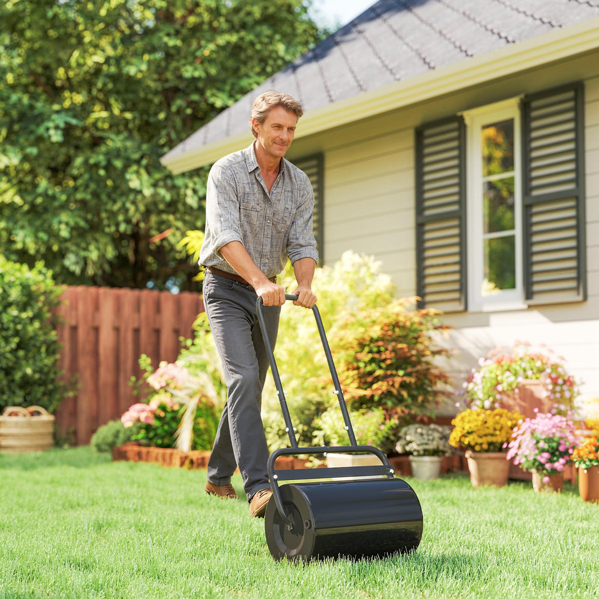 RASENWALZE mit U-Griff, Gartenrolle, Gartenwalze, 32 cm Durchmesser, Metall, Schwarz - Schwarz, Metall (32.5/113/58cm) - Outsunny